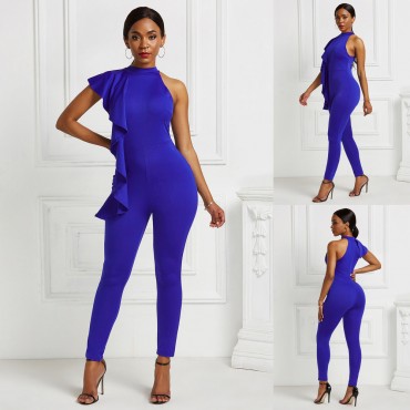 Sleeveless Sexy Ruffled Jumpsuit in Dark-Blue