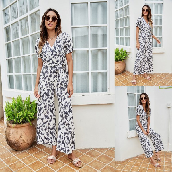 Summer Short Sleeve Casual Jumpsuit in White and Black