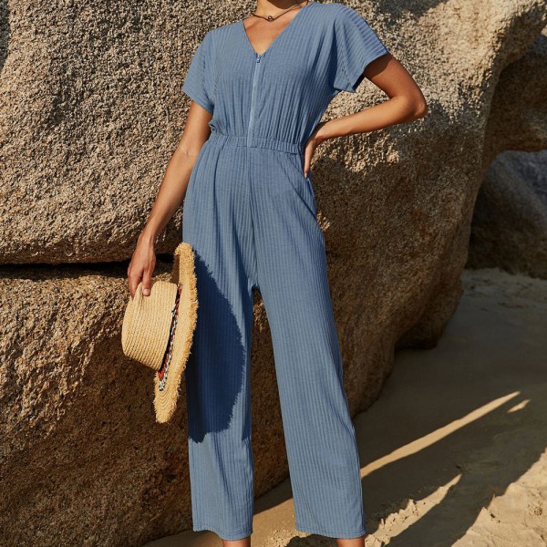 V-Neck Short-Sleeved Casual Jumpsuit in Blue