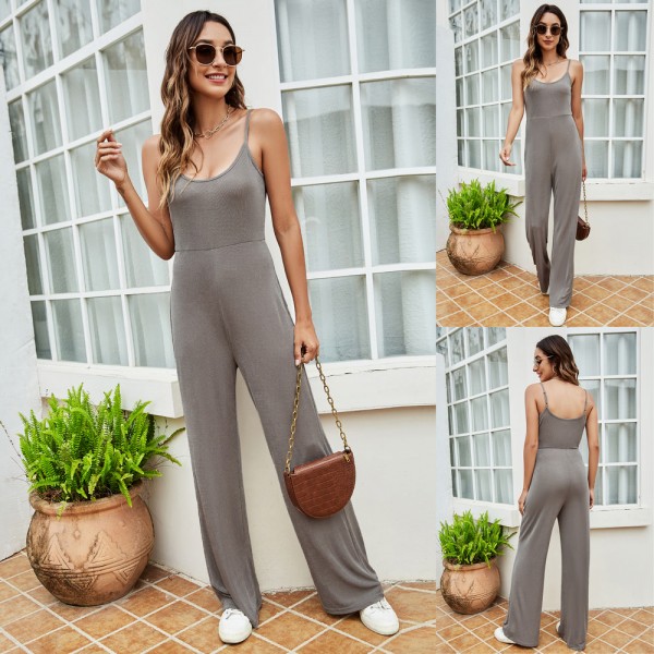 Summer Backless Loose Simple Jumpsuit in Gray