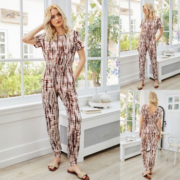 Summer Open Back Short Sleeve Round Neck Jumpsuit in Brown and White
