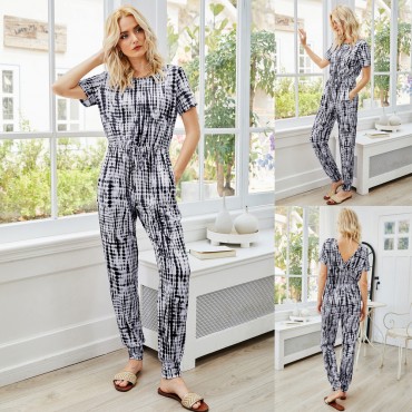 Summer Open Back Short Sleeve Round Neck Jumpsuit in Black and White