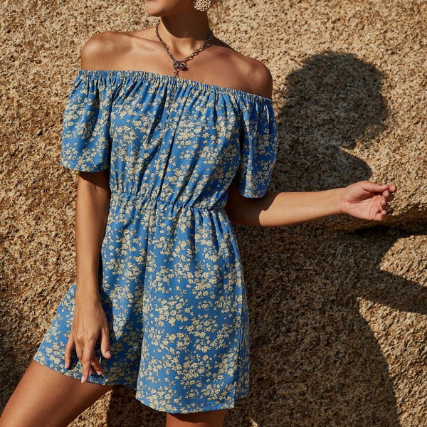 Summer One-Shoulder Fashion Short Jumpsuit in Blue
